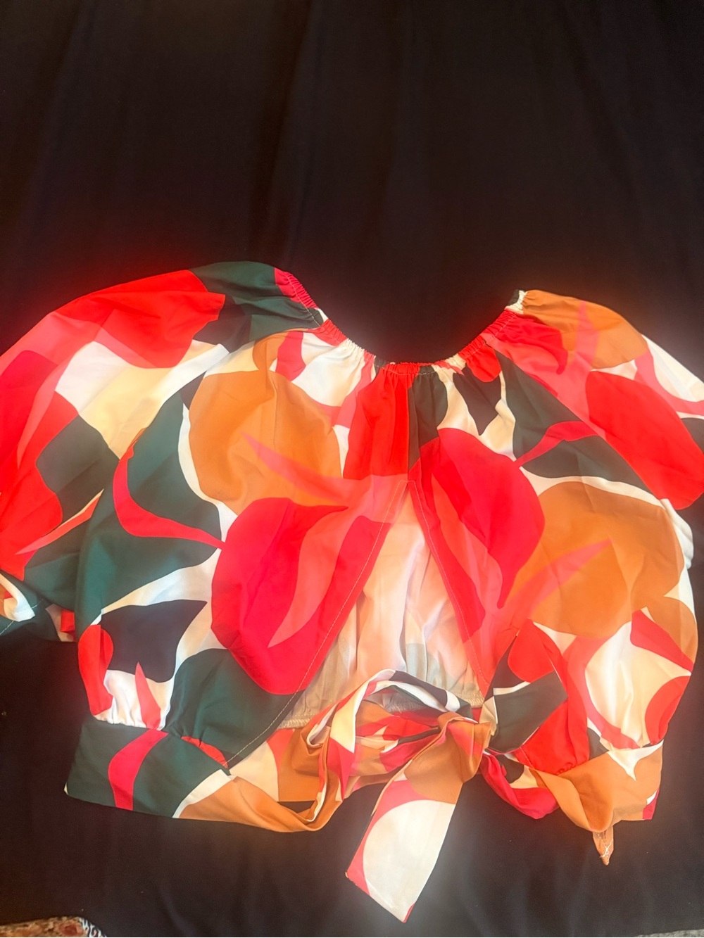 SHEIN Red & Orange Abstract Tie-Front Puff Sleeve Blouse
